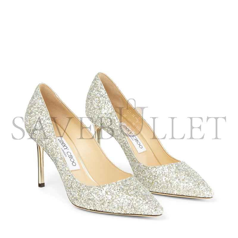 JIMMY CHOO ROMY 85 CHAMPAGNE COARSE GLITTER FABRIC POINTY TOE PUMPS ROMY85CGF